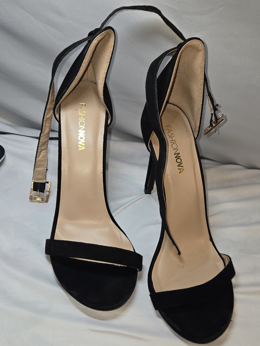 Fashion Nova Black Suede Ankle Strap Stiletto Heels with Gold Buckle